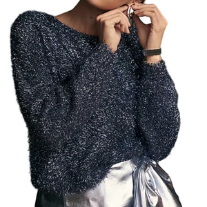 Anthropologie navy blue and silver metallic Eyelash Pullover fuzzy Sweater